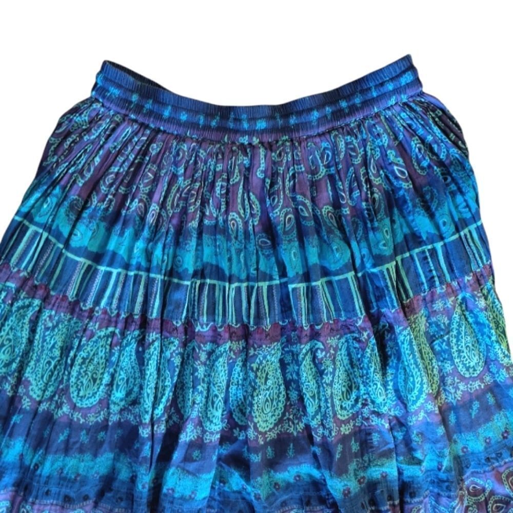 VTG 80s Blue Teal Purple Paisley Print Cotton Broomstick Midi Skirt Medium - Picture 9 of 13